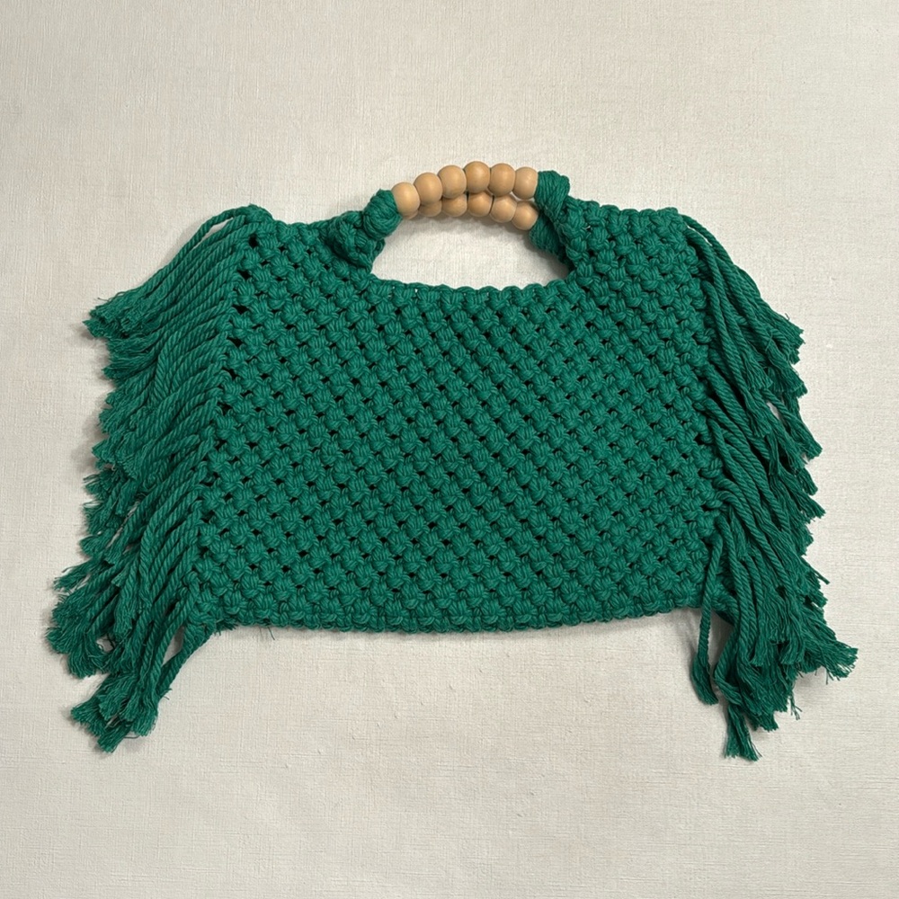 Green Knitted Handbag with Wooden Handle